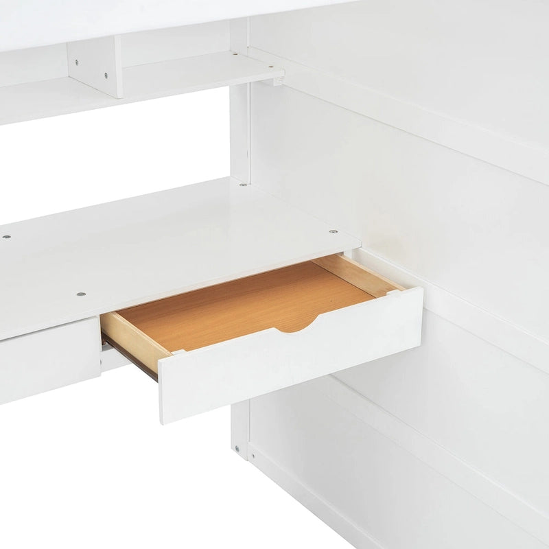 Lit mezzanine double blanc/gris avec bureau intégré, 2 armoires, 4 tiroirs et étagère à 4 niveaux, pour 1 personne