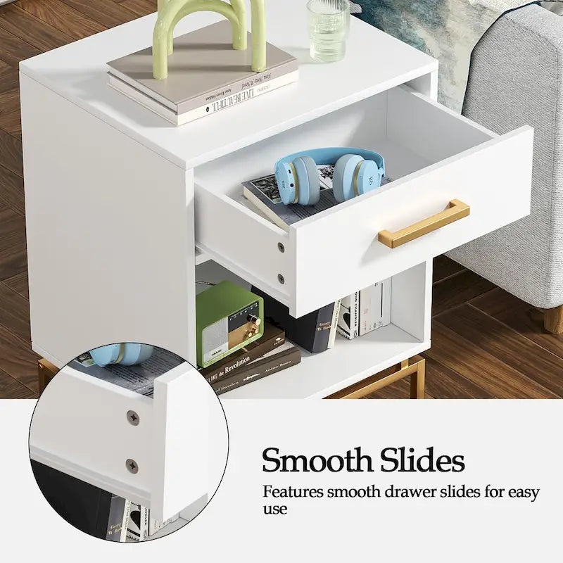 Table de chevet moderne à 1 tiroir blanche avec étagère ouverte (lot de 2)
