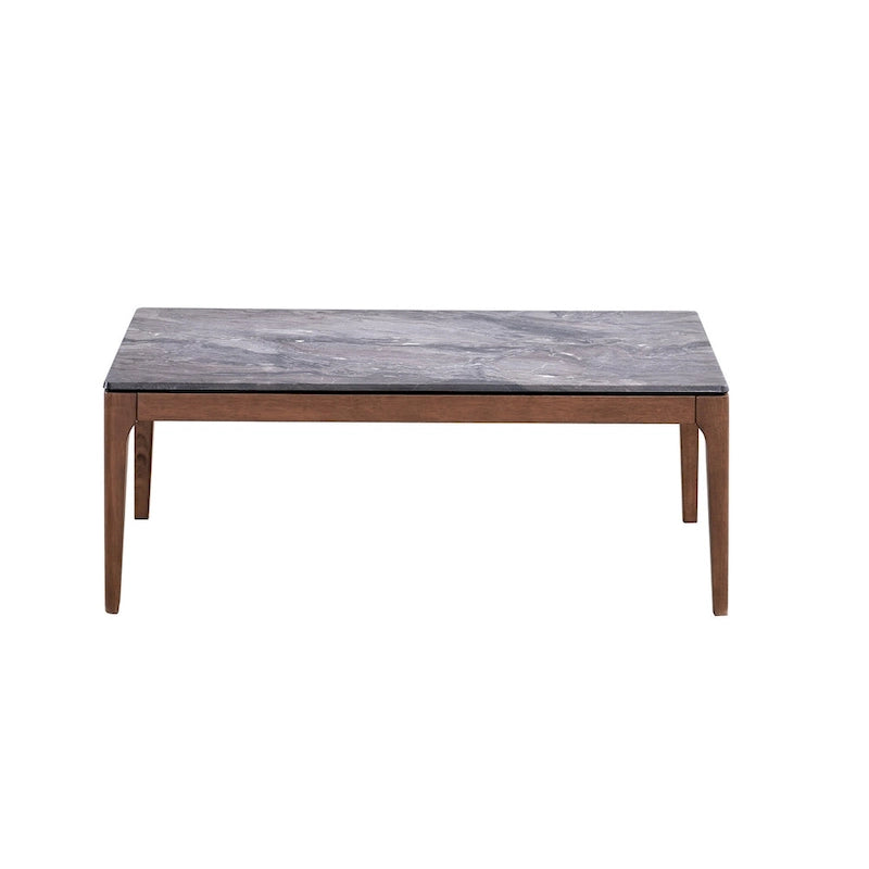Table basse rectangulaire avec plateau en pierre grise et base en noyer massif