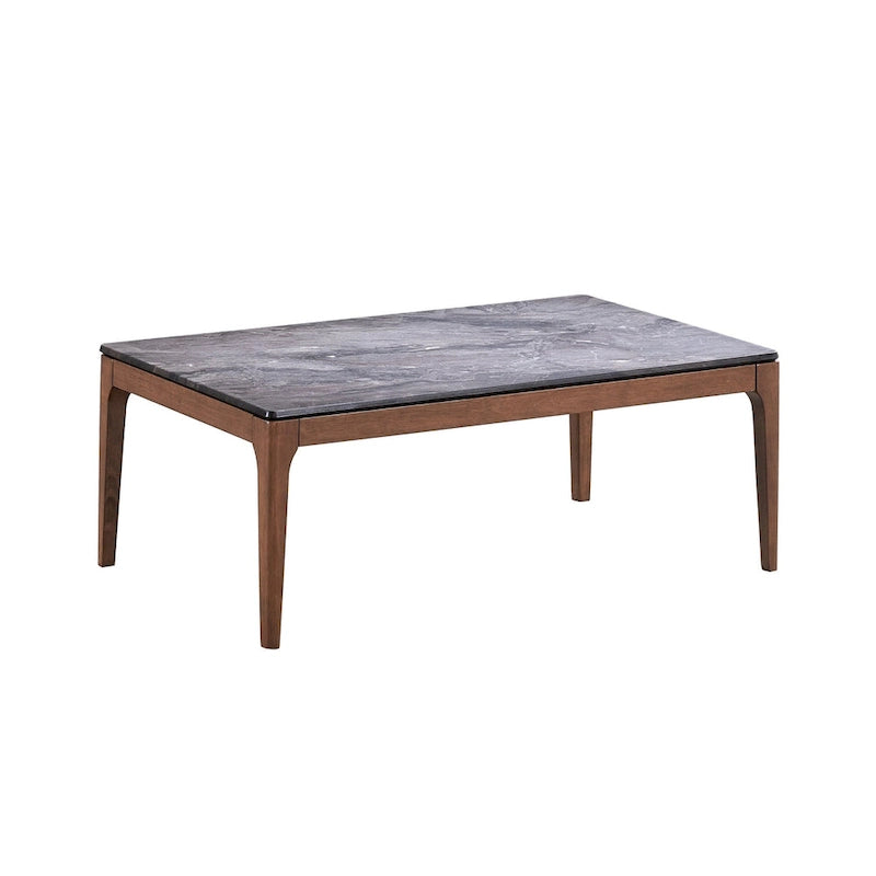 Table basse rectangulaire avec plateau en pierre grise et base en noyer massif