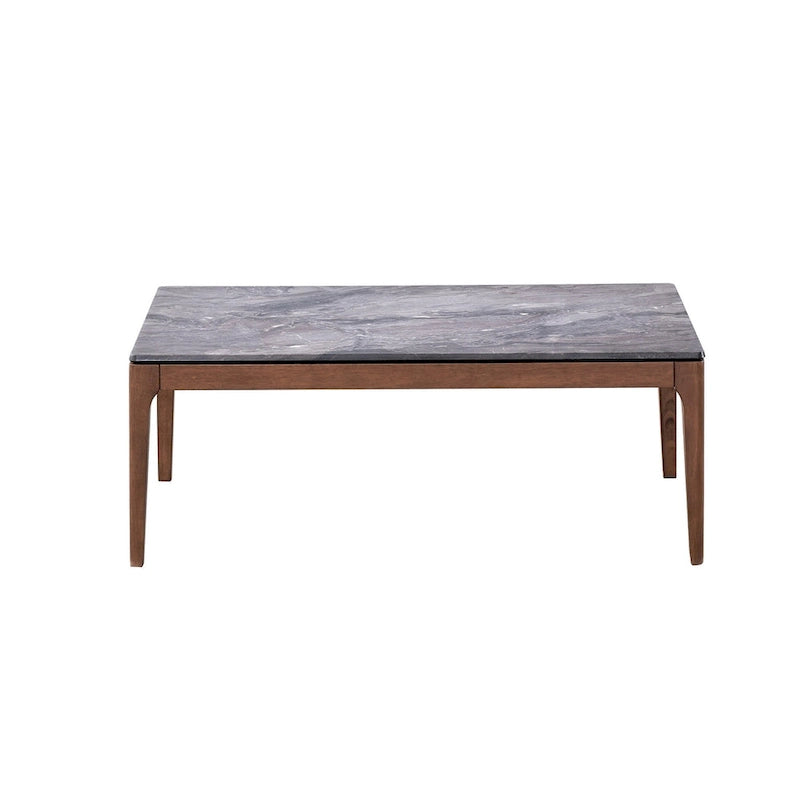 Table basse rectangulaire avec plateau en pierre grise et base en noyer massif