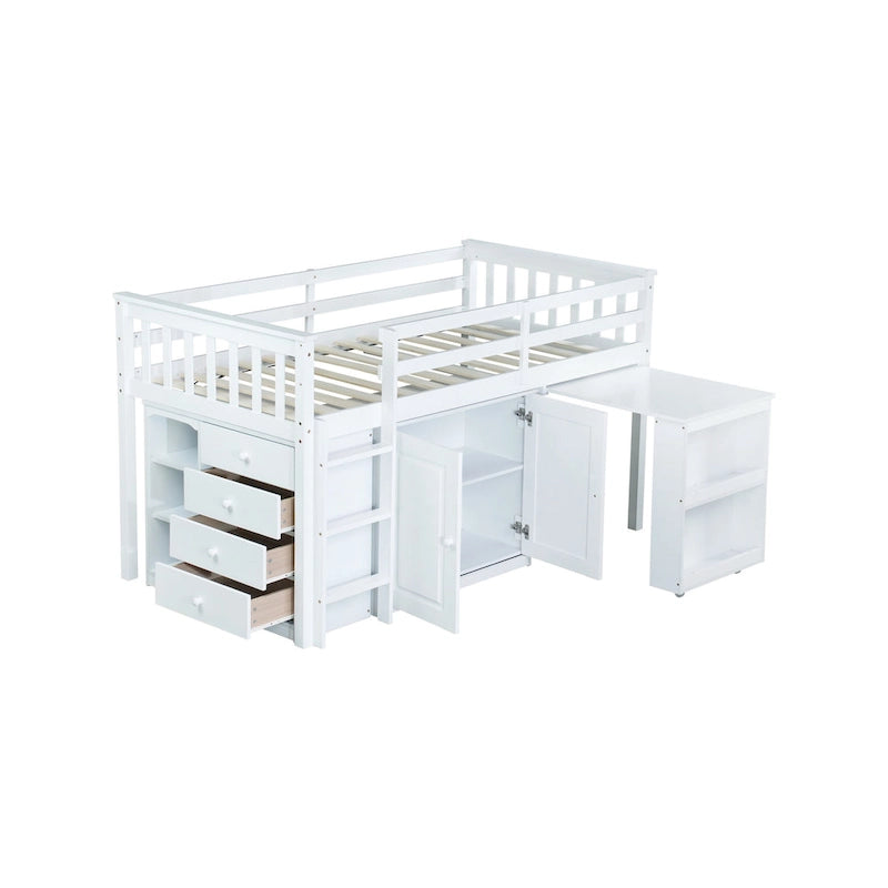 Lit mezzanine jumeau en bois d'hévéa gris/blanc avec bureau coulissant, 2 armoires, 4 tiroirs et garde-corps, 1 place