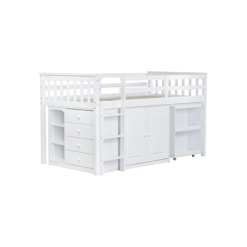Lit mezzanine jumeau en bois d'hévéa gris/blanc avec bureau coulissant, 2 armoires, 4 tiroirs et garde-corps, 1 place