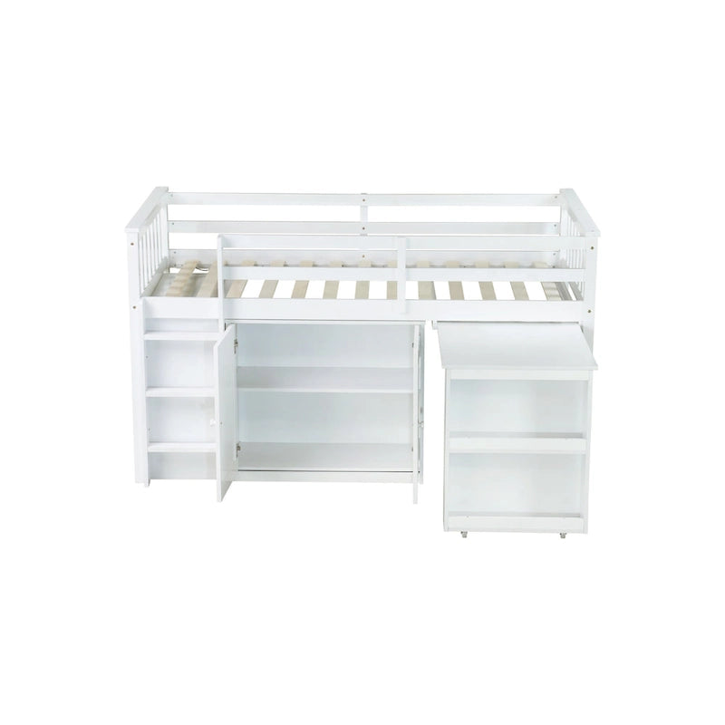 Lit mezzanine jumeau en bois d'hévéa gris/blanc avec bureau coulissant, 2 armoires, 4 tiroirs et garde-corps, 1 place