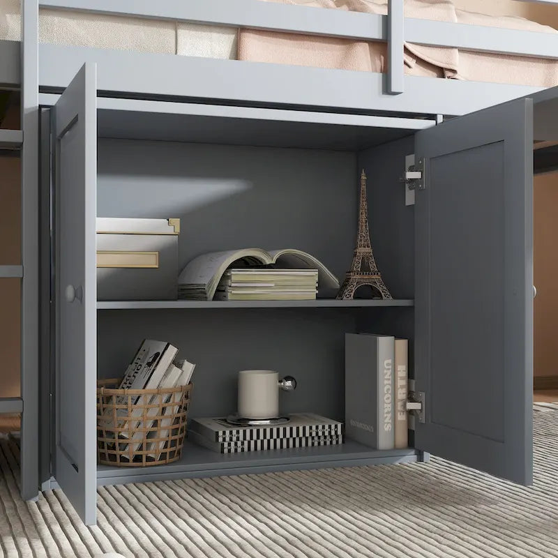 Lit mezzanine jumeau en bois d'hévéa gris/blanc avec bureau coulissant, 2 armoires, 4 tiroirs et garde-corps, 1 place