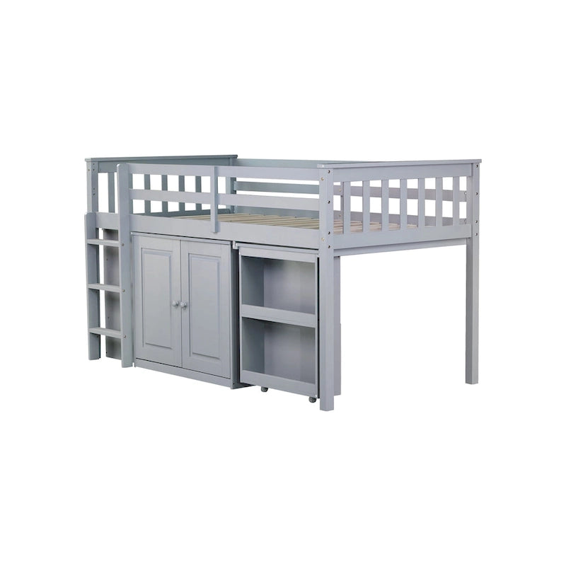 Lit mezzanine jumeau en bois d'hévéa gris/blanc avec bureau coulissant, 2 armoires, 4 tiroirs et garde-corps, 1 place