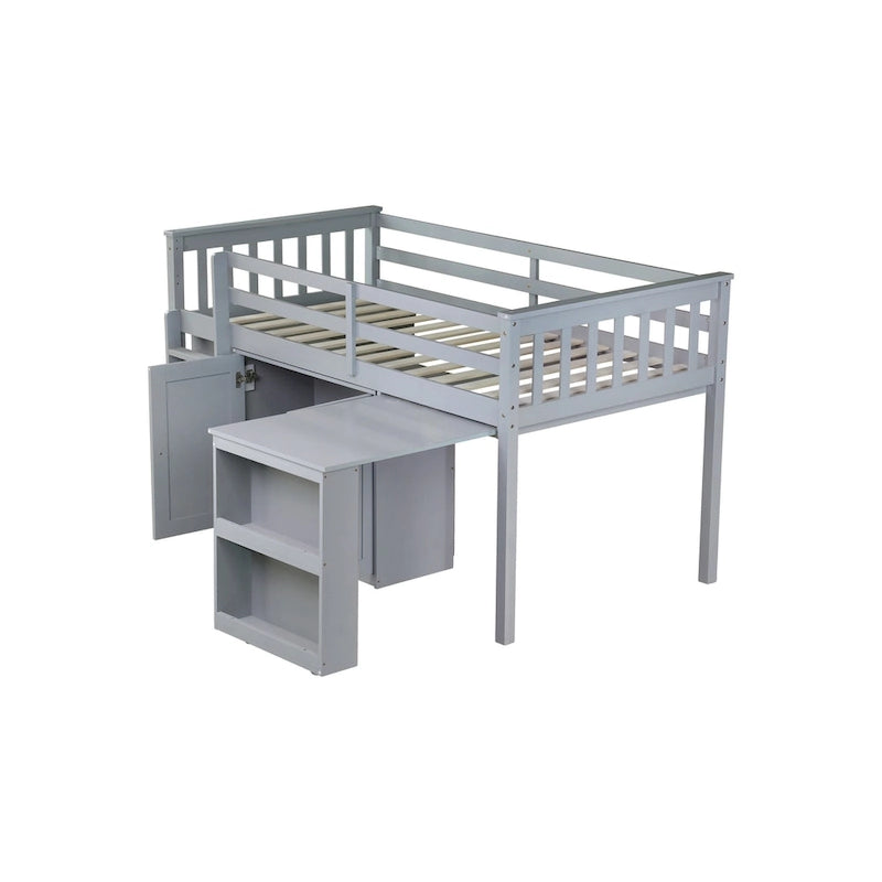 Lit mezzanine jumeau en bois d'hévéa gris/blanc avec bureau coulissant, 2 armoires, 4 tiroirs et garde-corps, 1 place