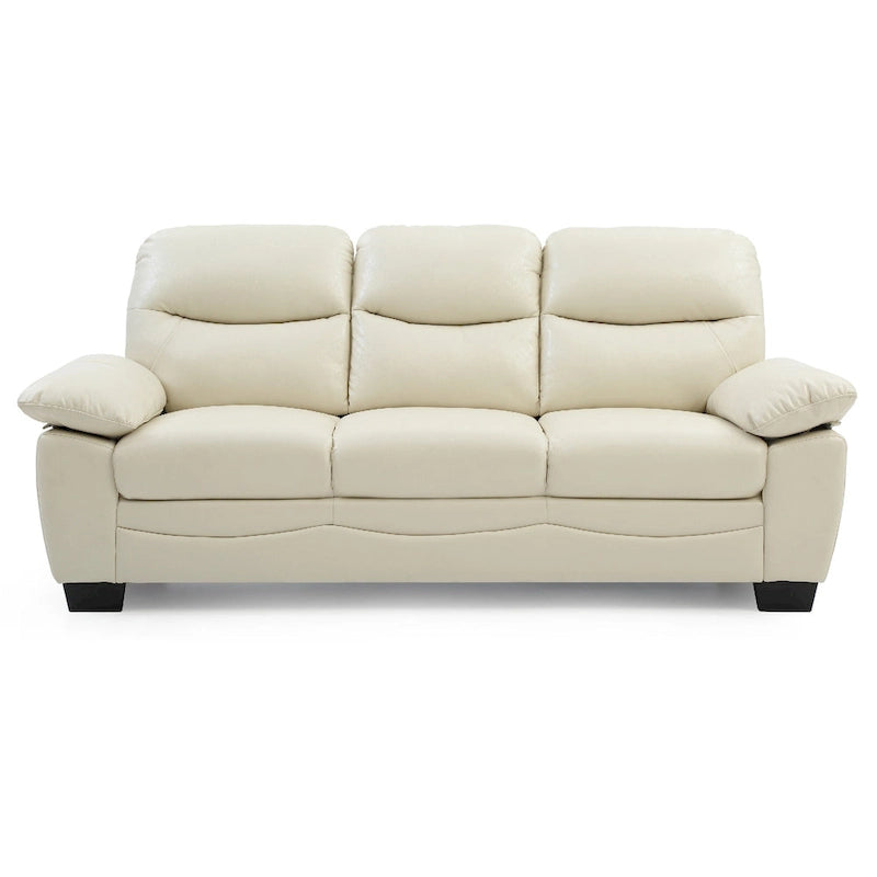 Canapé droit en similicuir beige avec accoudoirs évasés, dossier capitonné et assise à ressorts ensachés, 3 places, 198 cm de large