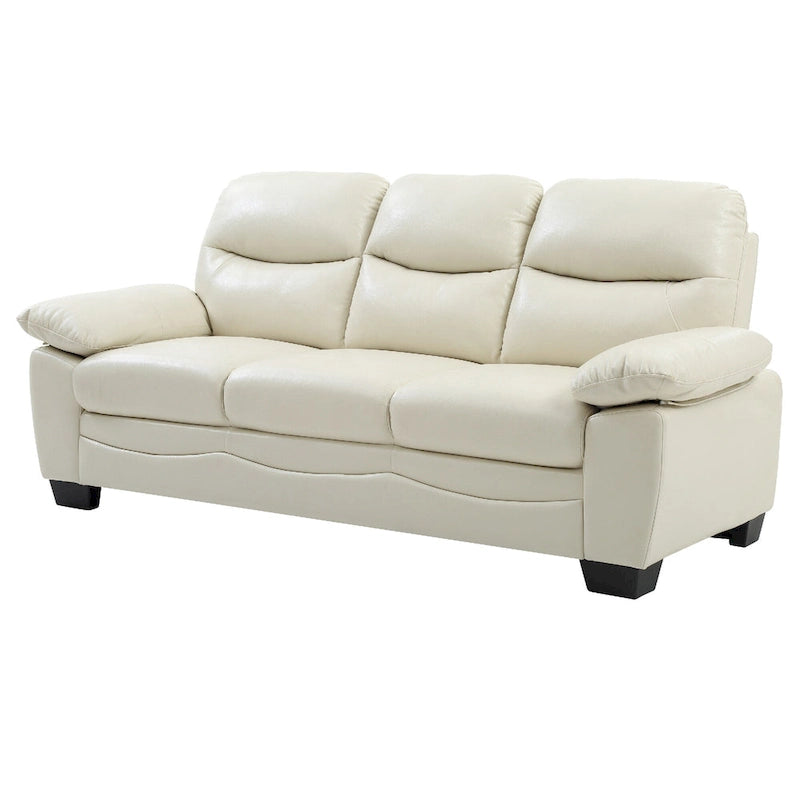 Canapé droit en similicuir beige avec accoudoirs évasés, dossier capitonné et assise à ressorts ensachés, 3 places, 198 cm de large