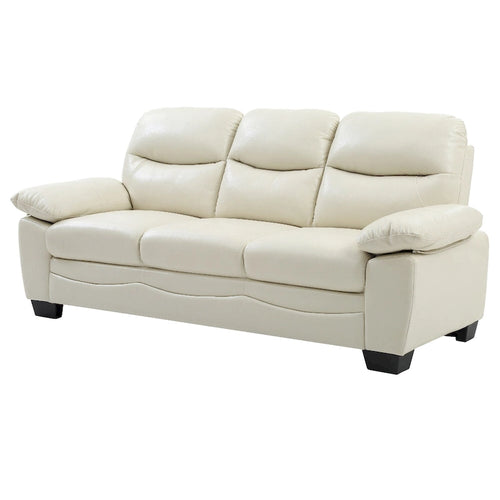 Canapé droit en similicuir beige avec accoudoirs évasés, dossier capitonné et assise à ressorts ensachés, 3 places, 198 cm de large