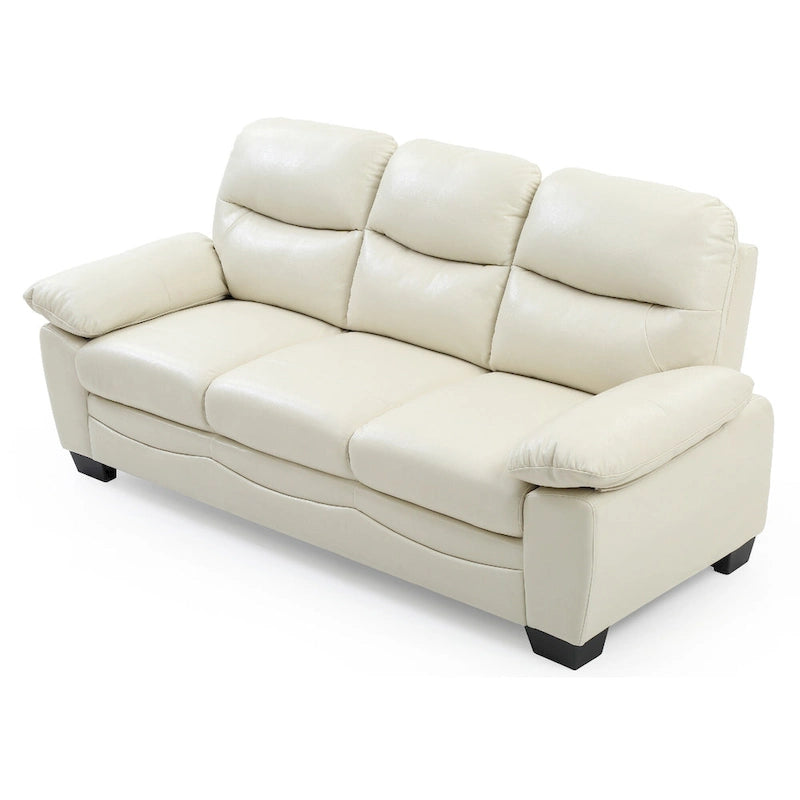 Canapé droit en similicuir beige avec accoudoirs évasés, dossier capitonné et assise à ressorts ensachés, 3 places, 198 cm de large
