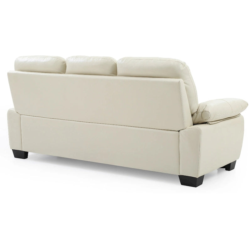 Canapé droit en similicuir beige avec accoudoirs évasés, dossier capitonné et assise à ressorts ensachés, 3 places, 198 cm de large