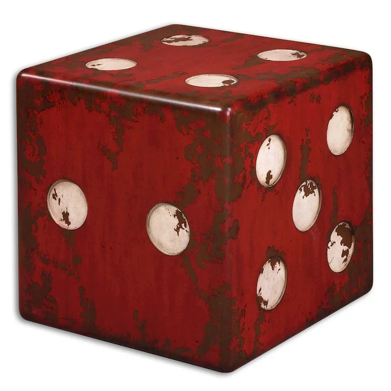 Table d'appoint cube accent rouge brûlé avec accents ivoire antique et nuances de bois de noyer