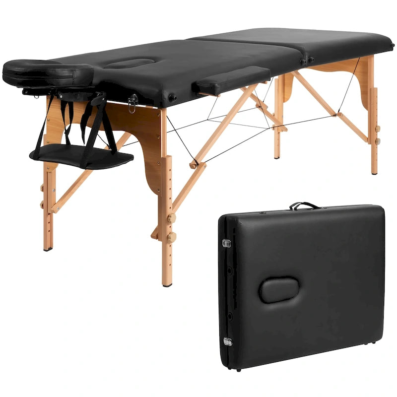 Table de massage portable et pliable en cuir PVC noir, avec hauteur, appuie-tête et accoudoirs réglables