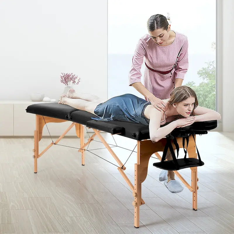 Table de massage portable et pliable en cuir PVC noir, avec hauteur, appuie-tête et accoudoirs réglables