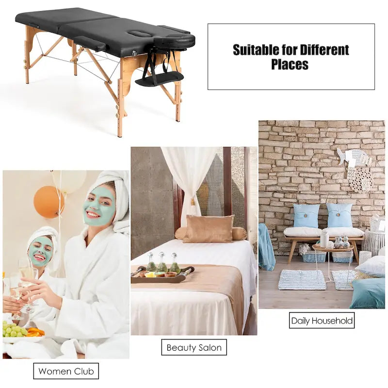 Table de massage portable et pliable en cuir PVC noir, avec hauteur, appuie-tête et accoudoirs réglables