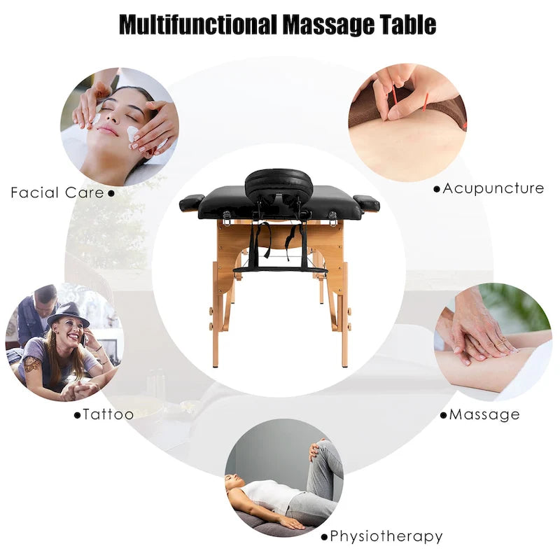 Table de massage portable et pliable en cuir PVC noir, avec hauteur, appuie-tête et accoudoirs réglables