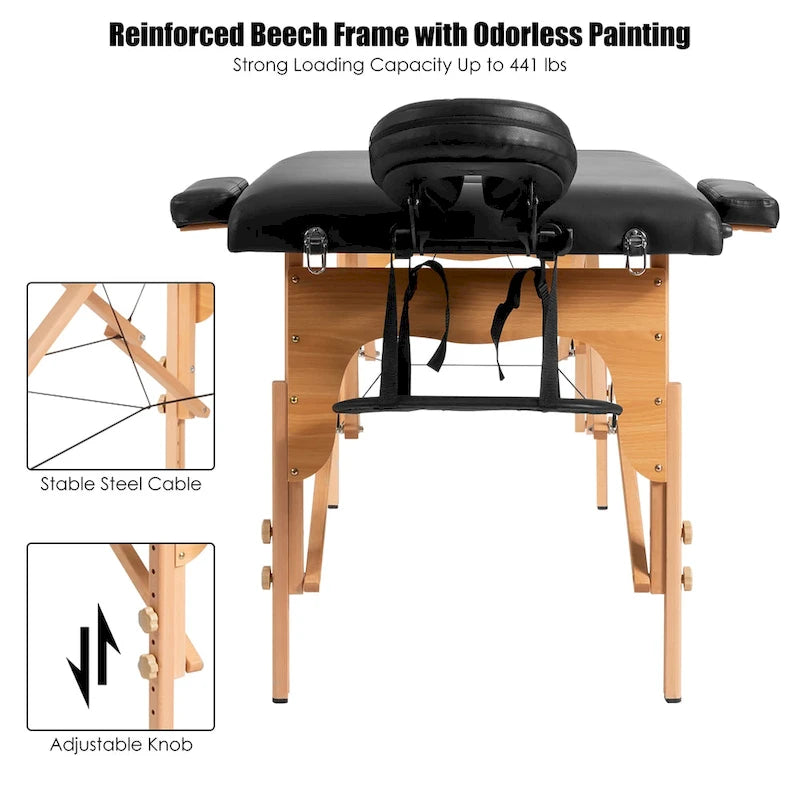 Table de massage portable et pliable en cuir PVC noir, avec hauteur, appuie-tête et accoudoirs réglables