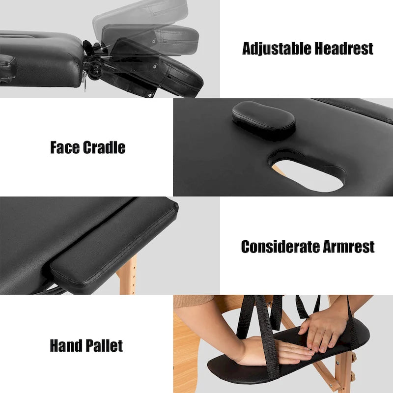 Table de massage portable et pliable en cuir PVC noir, avec hauteur, appuie-tête et accoudoirs réglables