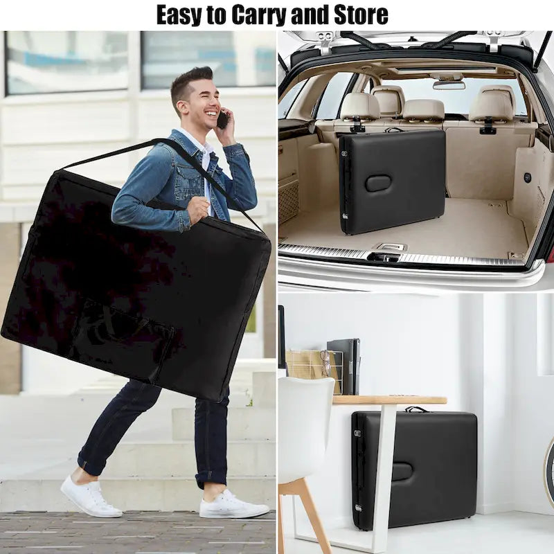 Table de massage portable et pliable en cuir PVC noir, avec hauteur, appuie-tête et accoudoirs réglables