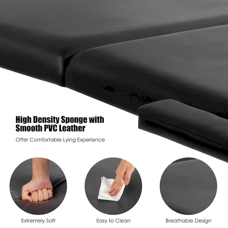 Table de massage portable et pliable en cuir PVC noir, avec hauteur, appuie-tête et accoudoirs réglables
