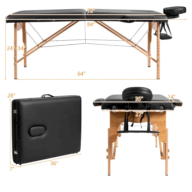 Table de massage portable et pliable en cuir PVC noir, avec hauteur, appuie-tête et accoudoirs réglables