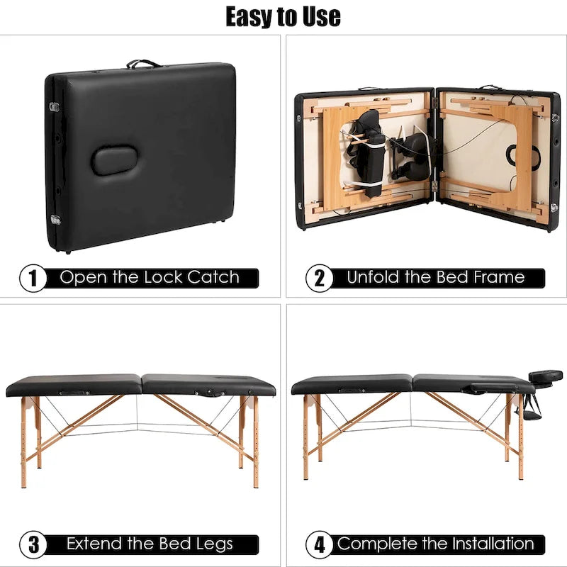 Table de massage portable et pliable en cuir PVC noir, avec hauteur, appuie-tête et accoudoirs réglables