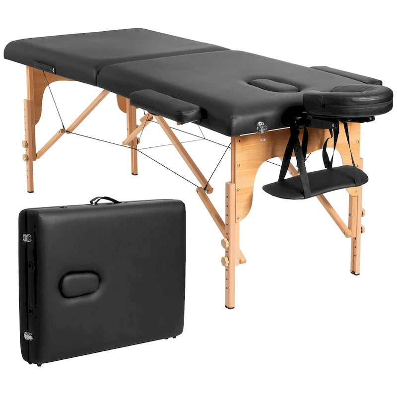 Table de massage portable et pliable en cuir PVC noir, avec hauteur, appuie-tête et accoudoirs réglables