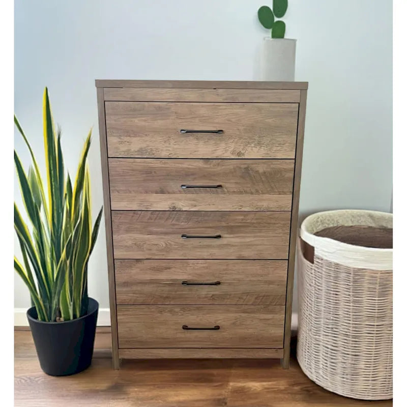 Commode verticale à 5 tiroirs Chêne noueux / Blanc / Noir avec poignées en nickel brossé et assemblage sans outils