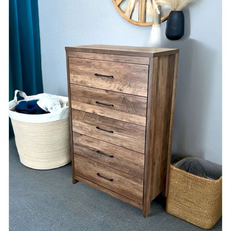 Commode verticale à 5 tiroirs Chêne noueux / Blanc / Noir avec poignées en nickel brossé et assemblage sans outils