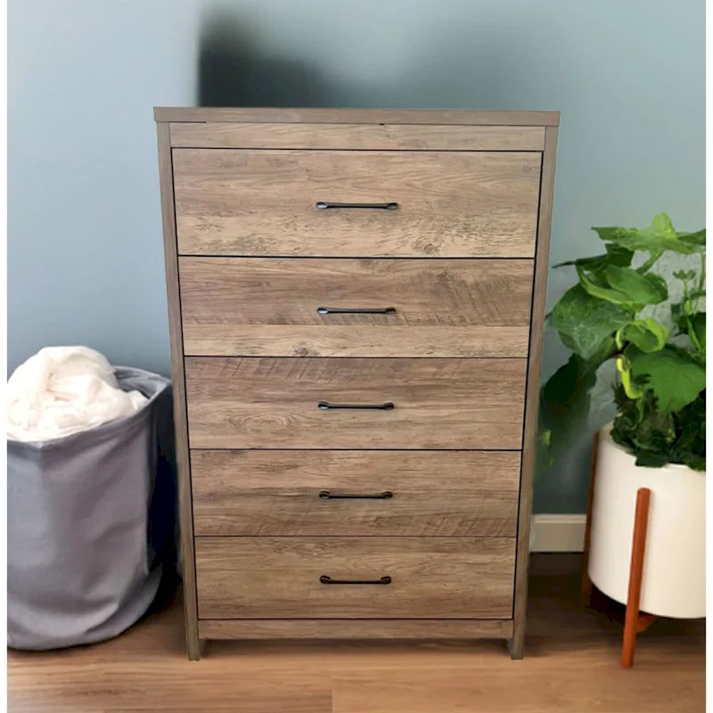Commode verticale à 5 tiroirs Chêne noueux / Blanc / Noir avec poignées en nickel brossé et assemblage sans outils