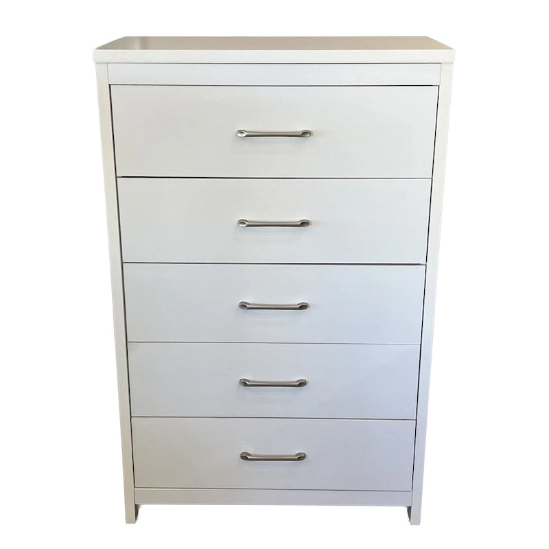 Commode verticale à 5 tiroirs Chêne noueux / Blanc / Noir avec poignées en nickel brossé et assemblage sans outils