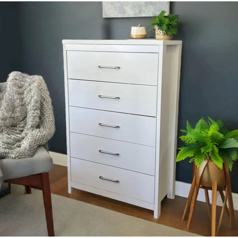 Commode verticale à 5 tiroirs Chêne noueux / Blanc / Noir avec poignées en nickel brossé et assemblage sans outils
