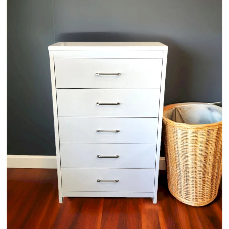 Commode verticale à 5 tiroirs Chêne noueux / Blanc / Noir avec poignées en nickel brossé et assemblage sans outils