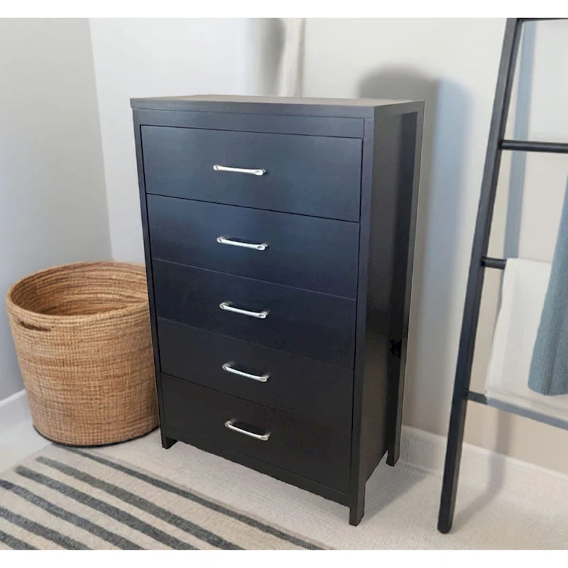Commode verticale à 5 tiroirs Chêne noueux / Blanc / Noir avec poignées en nickel brossé et assemblage sans outils