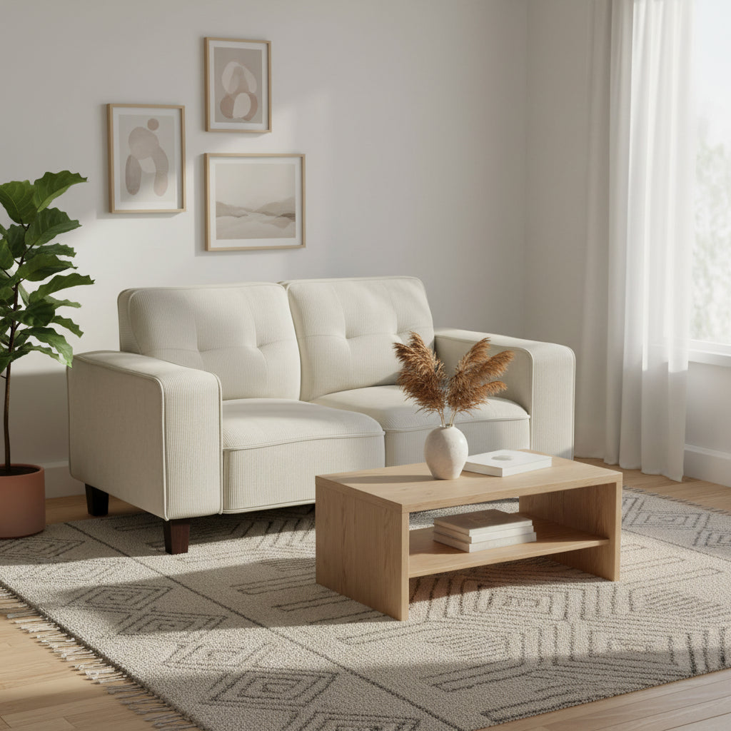 Dero Loveseat, 58 Inch, Light Gray Faux Corduroy, Modern Track Arms