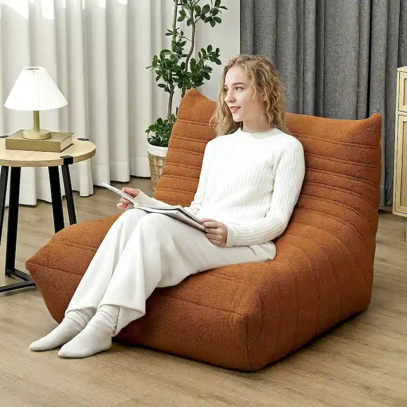 Fauteuil de sol en molleton Teddy marron / gris clair / blanc crème avec capitonnage à canaux et dossier trapézoïdal, 1 place