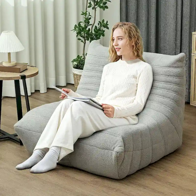 Fauteuil de sol en molleton Teddy marron / gris clair / blanc crème avec capitonnage à canaux et dossier trapézoïdal, 1 place