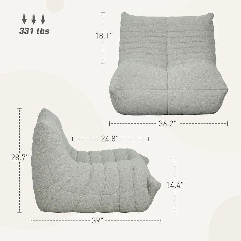 Fauteuil de sol en molleton Teddy marron / gris clair / blanc crème avec capitonnage à canaux et dossier trapézoïdal, 1 place