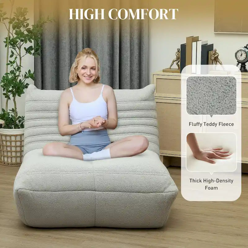 Fauteuil de sol en molleton Teddy marron / gris clair / blanc crème avec capitonnage à canaux et dossier trapézoïdal, 1 place
