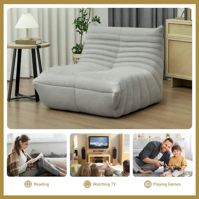 Fauteuil de sol en molleton Teddy marron / gris clair / blanc crème avec capitonnage à canaux et dossier trapézoïdal, 1 place