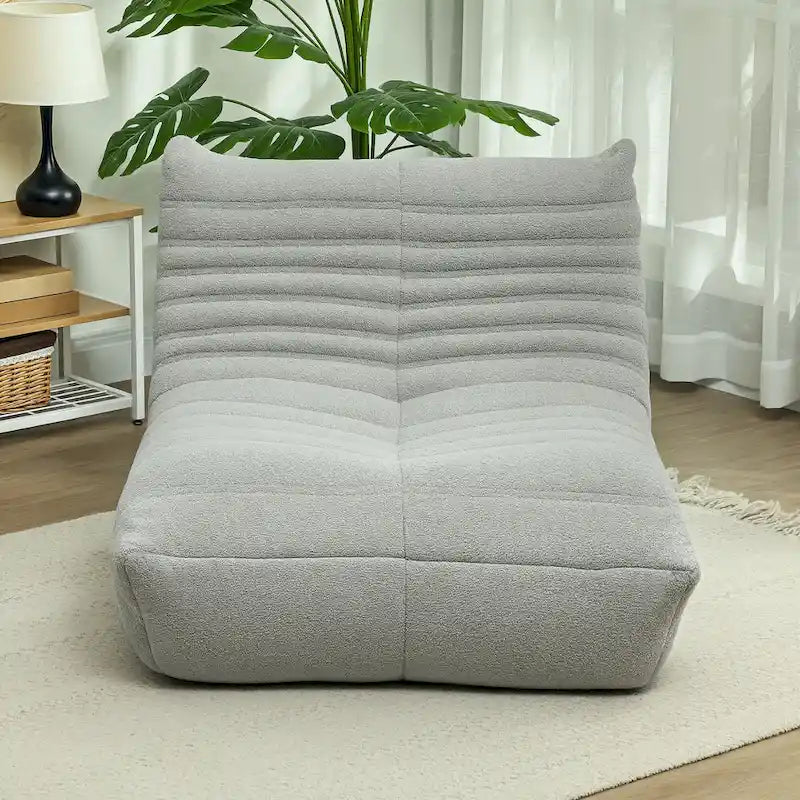 Fauteuil de sol en molleton Teddy marron / gris clair / blanc crème avec capitonnage à canaux et dossier trapézoïdal, 1 place