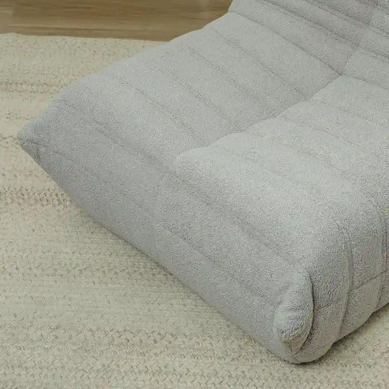 Fauteuil de sol en molleton Teddy marron / gris clair / blanc crème avec capitonnage à canaux et dossier trapézoïdal, 1 place