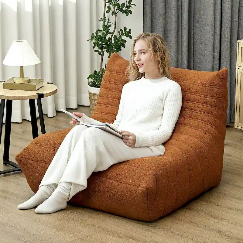 Fauteuil de sol en molleton Teddy marron / gris clair / blanc crème avec capitonnage à canaux et dossier trapézoïdal, 1 place