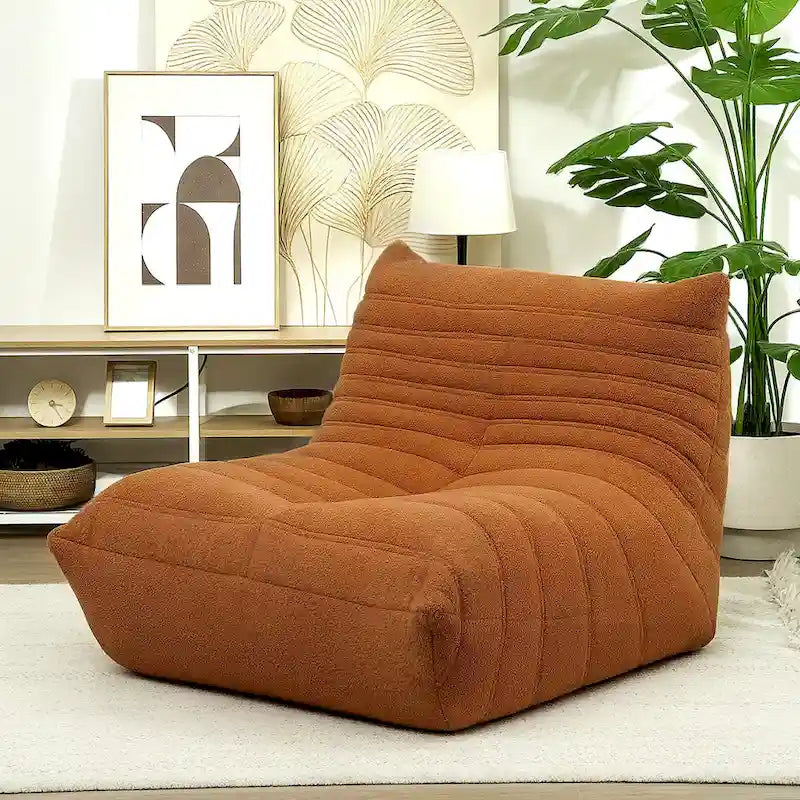 Fauteuil de sol en molleton Teddy marron / gris clair / blanc crème avec capitonnage à canaux et dossier trapézoïdal, 1 place