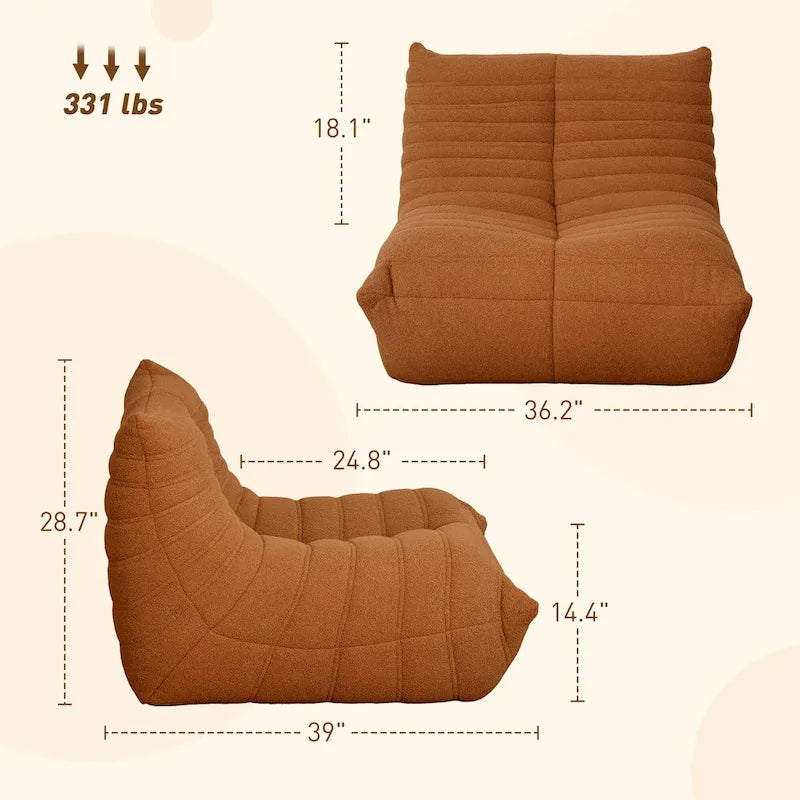 Fauteuil de sol en molleton Teddy marron / gris clair / blanc crème avec capitonnage à canaux et dossier trapézoïdal, 1 place