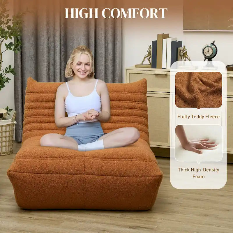 Fauteuil de sol en molleton Teddy marron / gris clair / blanc crème avec capitonnage à canaux et dossier trapézoïdal, 1 place