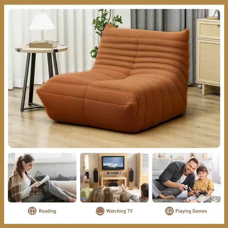 Fauteuil de sol en molleton Teddy marron / gris clair / blanc crème avec capitonnage à canaux et dossier trapézoïdal, 1 place