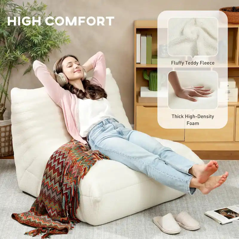 Fauteuil de sol en molleton Teddy marron / gris clair / blanc crème avec capitonnage à canaux et dossier trapézoïdal, 1 place