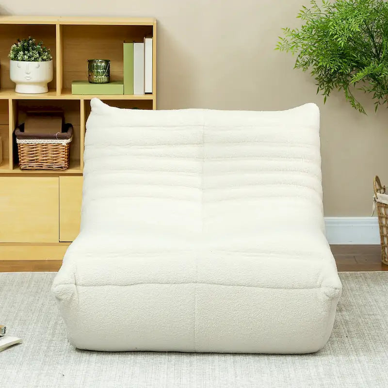 Fauteuil de sol en molleton Teddy marron / gris clair / blanc crème avec capitonnage à canaux et dossier trapézoïdal, 1 place